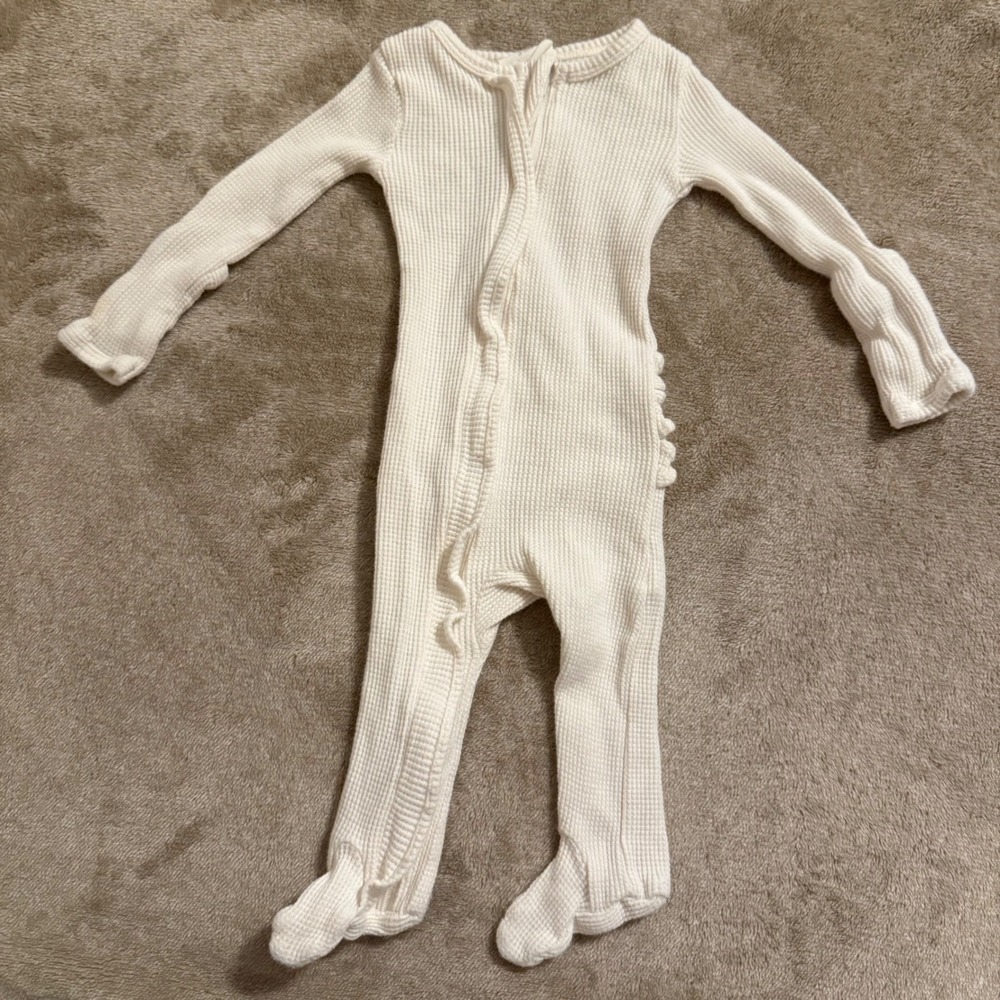 Spearmint Love Organic Cotton Waffle Knit Ruffle Back Footie Cream 3-6M